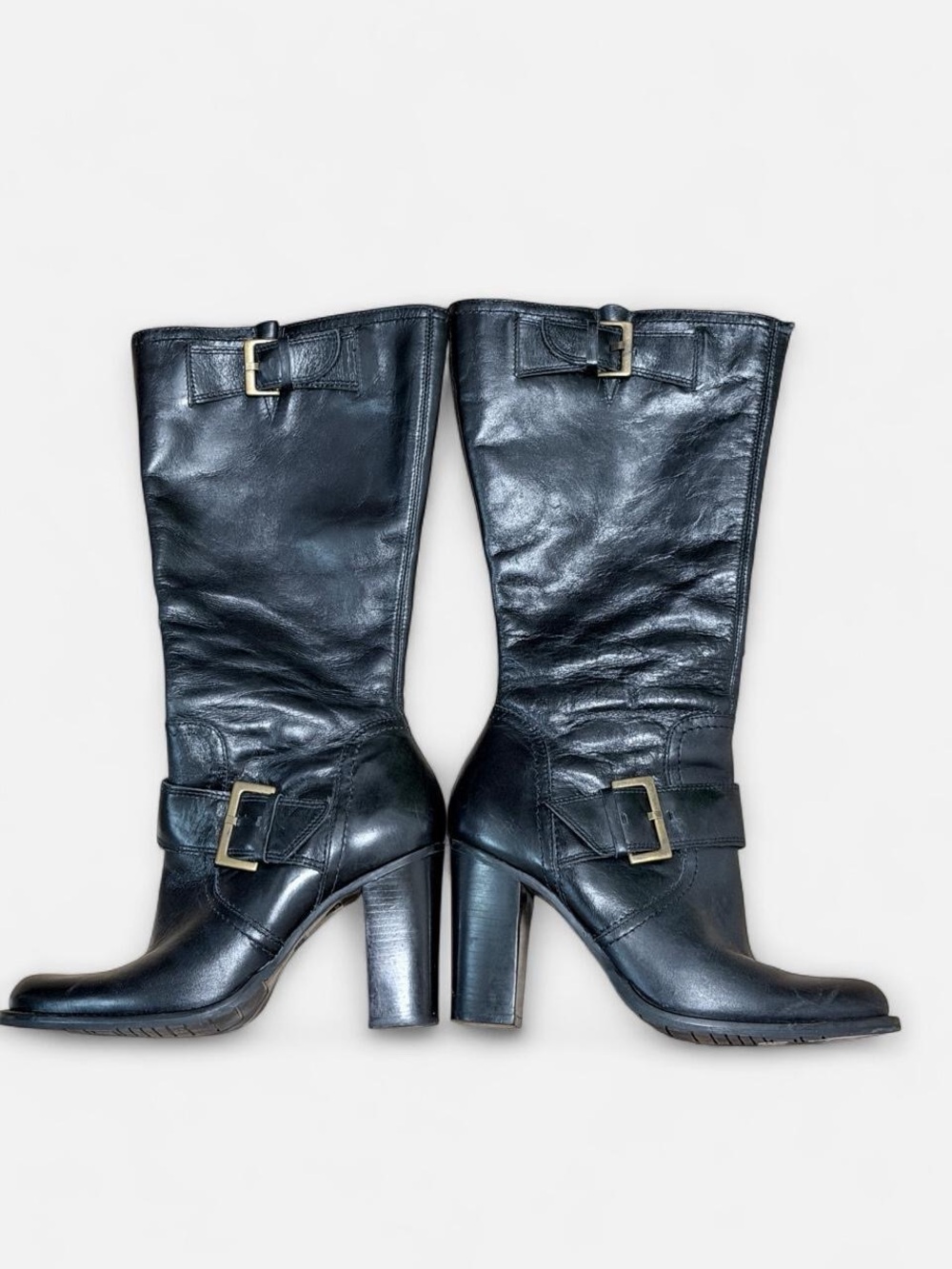 Julius Black Leather Mid-Calf Heeled Buckle Boots